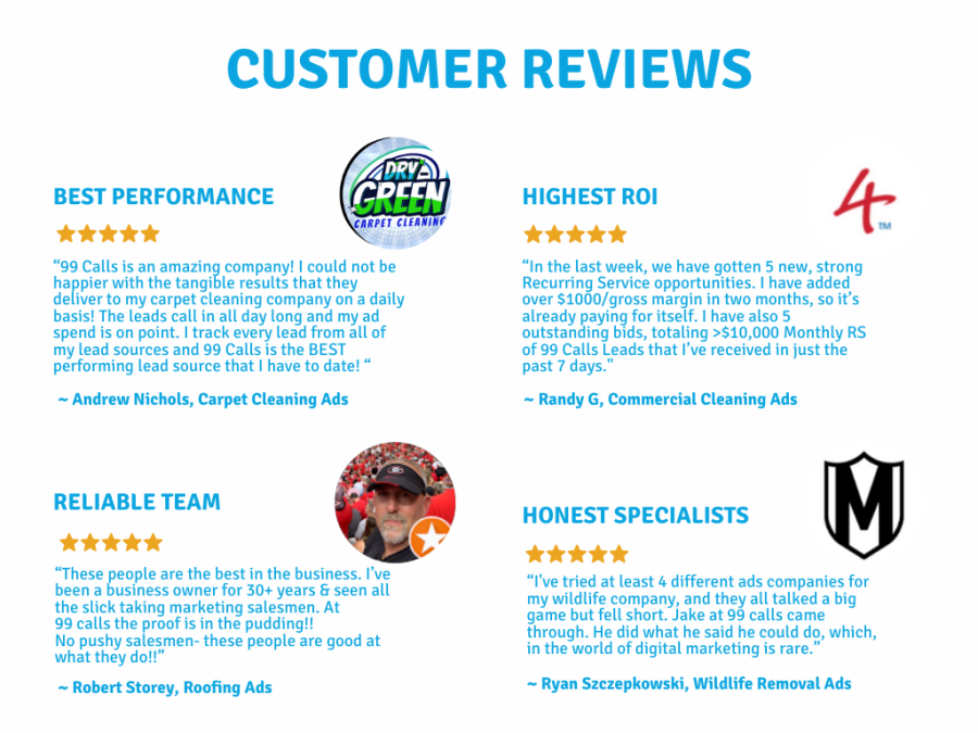 Customer reviews page with four five-star testimonials for lead generation services